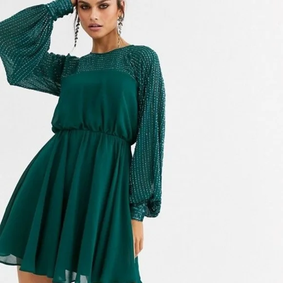 ASOS | Dresses | Asos Emerald Green Beaded Long Sleeve Dress | Poshmark
